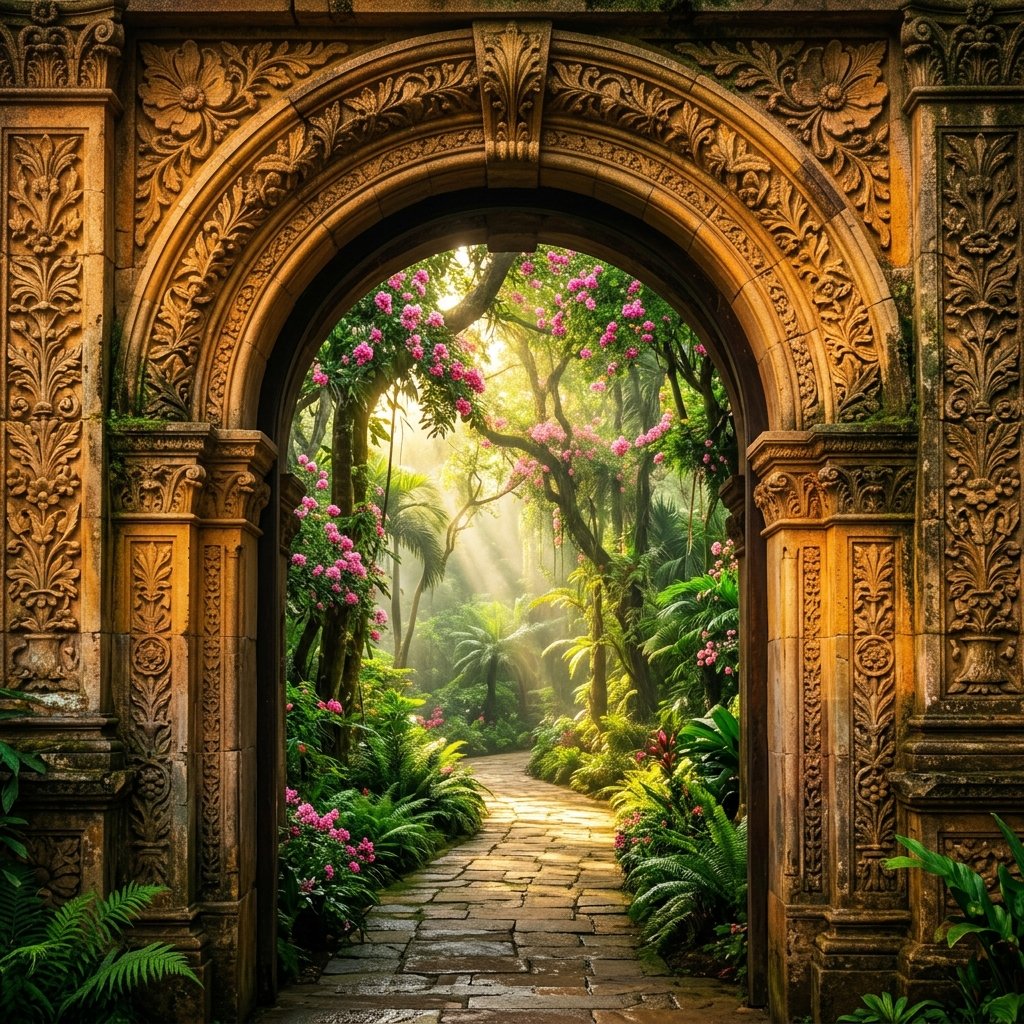 Grand heritage arch framing sunlit Sri Lankan garden